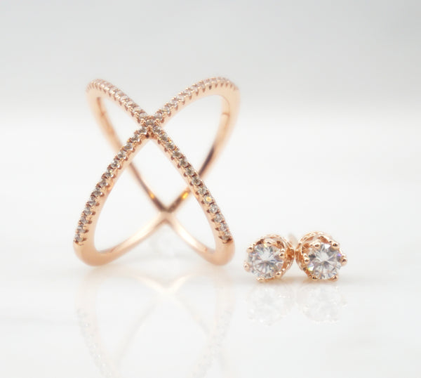 14K Rose Gold Crown Set Crystal Earrings