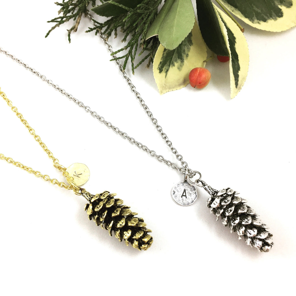Pinecone & Hammered Initial Necklace