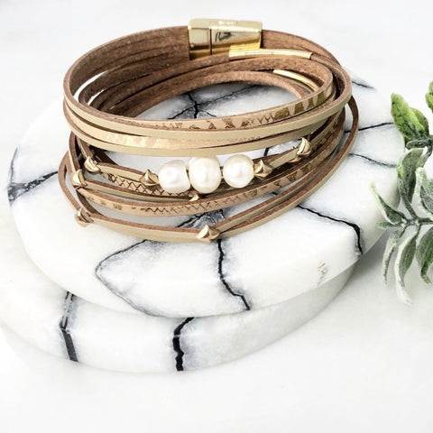 Multi Leather Wrap Bracelet with Fresh Water Pearl