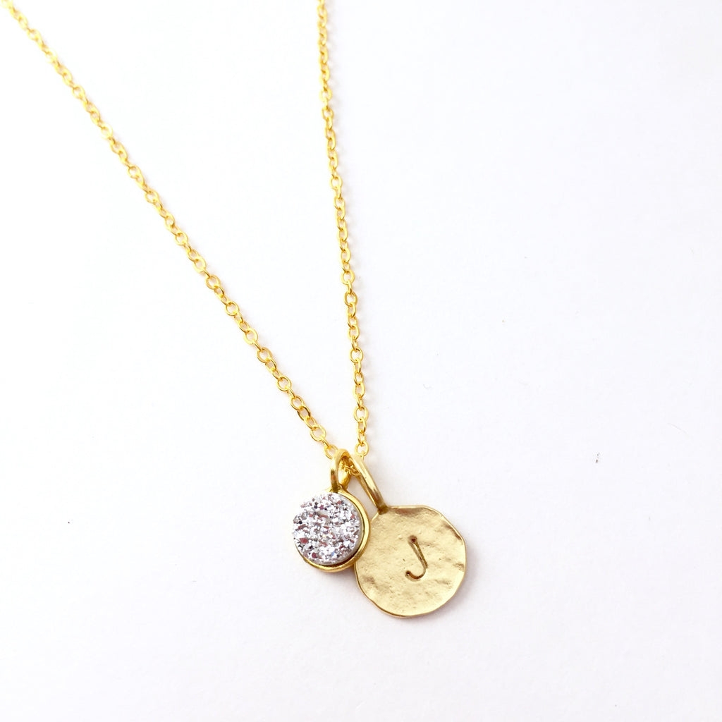 Hand Stamped Initial & Druzy Necklace