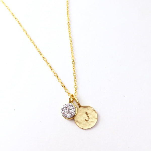 Hand Stamped Initial & Druzy Necklace